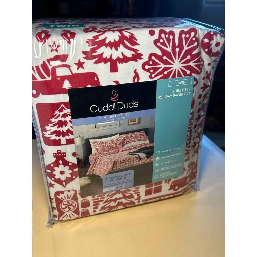 Cuddl Duds Twin Heavyweight Flannel Sheet Set Holiday Paper Cut Red White NEW